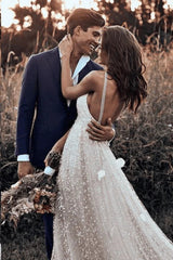 A-line Lace Simple Rustic Backless Straps Long Train Wedding Dress