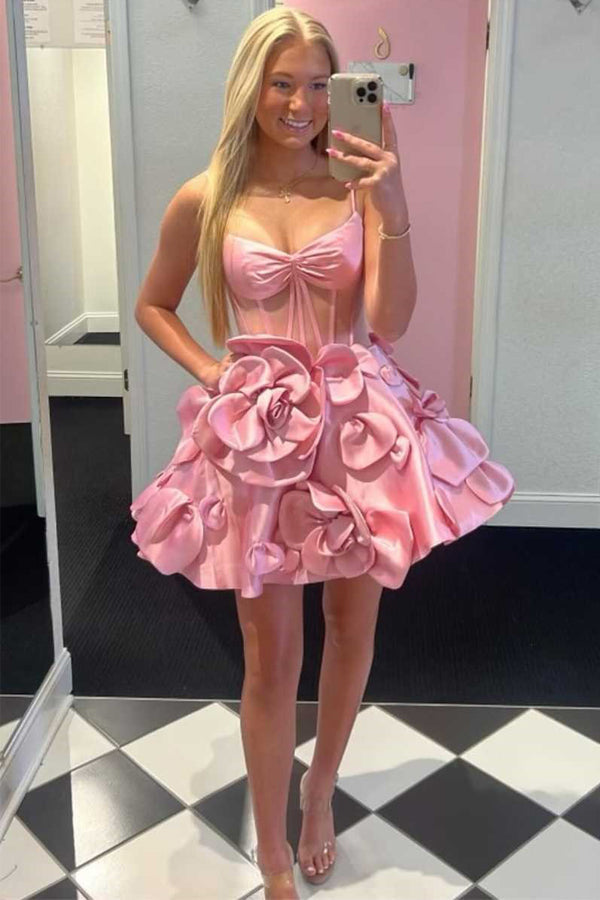 Straps Pink Corset Homecoming Dress With Rosette TN409