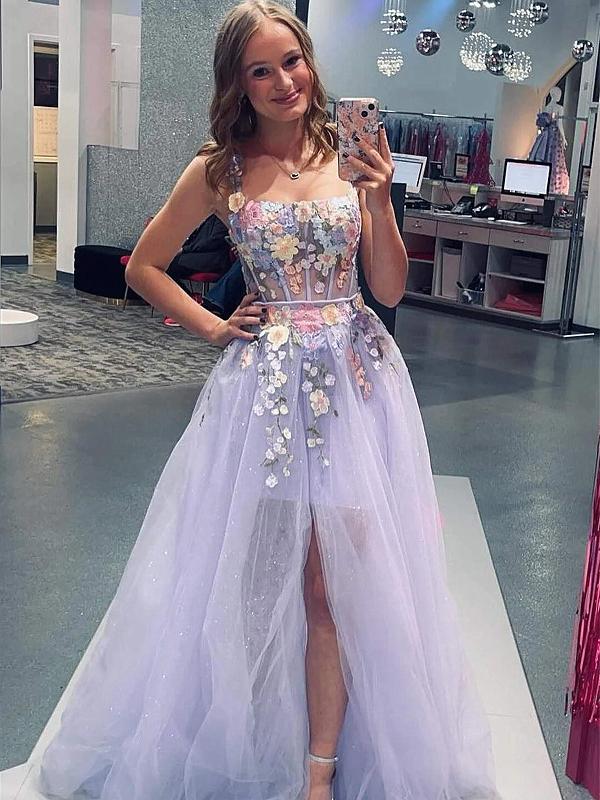 Straps Purple Lace Floral Long Prom Dresses, Purple Lace Floral Long Formal Evening Dresses
