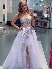 Straps Purple Lace Floral Long Prom Dresses, Purple Lace Floral Long Formal Evening Dresses