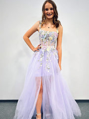 Straps Purple Lace Floral Long Prom Dresses, Purple Lace Floral Long Formal Evening Dresses