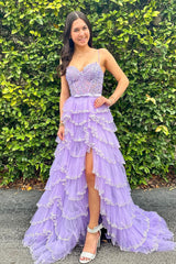 Straps Sequined Multi-Layers Floral Long Prom Dress with Slit TP1322