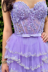 Straps Sequined Multi-Layers Floral Long Prom Dress with Slit TP1322