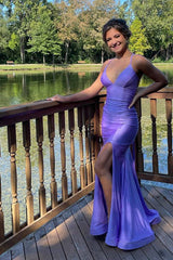 Straps Sheath Mermaid Lilac Long Prom Dress with Lace Up TP1356