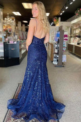 Straps V-Neck Appliques Mermaid Navy Blue Long Prom Dress TP1347