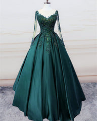 Stunning Ball Gown Prom Satin Dress Lace Sleeved