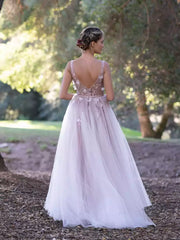 Stunning A-line chiffon V-neck lace decal and ruffle edge sleeveless waist slimming Prom Dresses