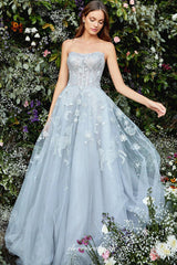Stunning Embroidery Tulle Strapless A-line Charming Porm Dresses, CP0872
