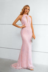 Stunning Gorgeous Beaded Lace Pink Halter Mermaid Prom Dresses, CP0921