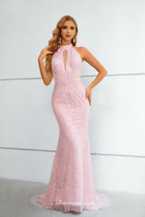 Stunning Gorgeous Beaded Lace Pink Halter Mermaid Prom Dresses, CP0921