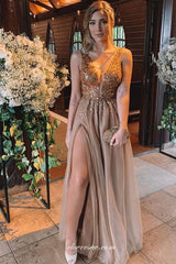 Stunning Rhinestone Tulle Sexy Side Slit Party Dresses, CP0688