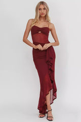 Stunning adjustable shoulder straps with pleated details, layered ruffle edges and zippered back Prom Dresses