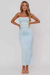 Stunning interior with adjustable thin shoulder straps and lace trim details. Back split side zipper Prom Dresses