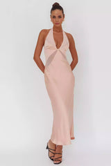 Stunning lining, backless hanging neck, button closure, zippered back, Prom Dresses