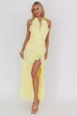 Stunning lining with backless ruffle details, front slit and back with zipper Prom Dresses