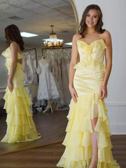 Stunning mermaid chiffon and ground V-neck ruffled slit lace up back Prom Dresses