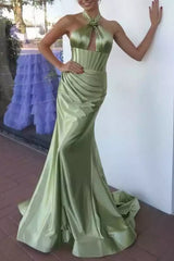 Stunning mermaid lace waist satin rose knot decoration sleeveless zipper back Prom Dresses