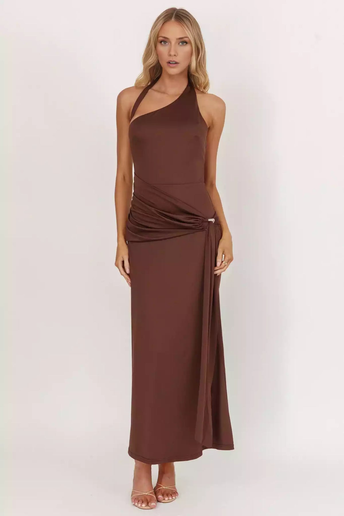 Stunning mid length lining with asymmetrical neckline, waist tie, back with zipper Prom Dresses