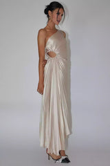 Stunning mid length single shoulder accordion pleated waist cut with elastic band and hidden side zipper Prom Dresses