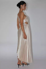 Stunning mid length single shoulder accordion pleated waist cut with elastic band and hidden side zipper Prom Dresses