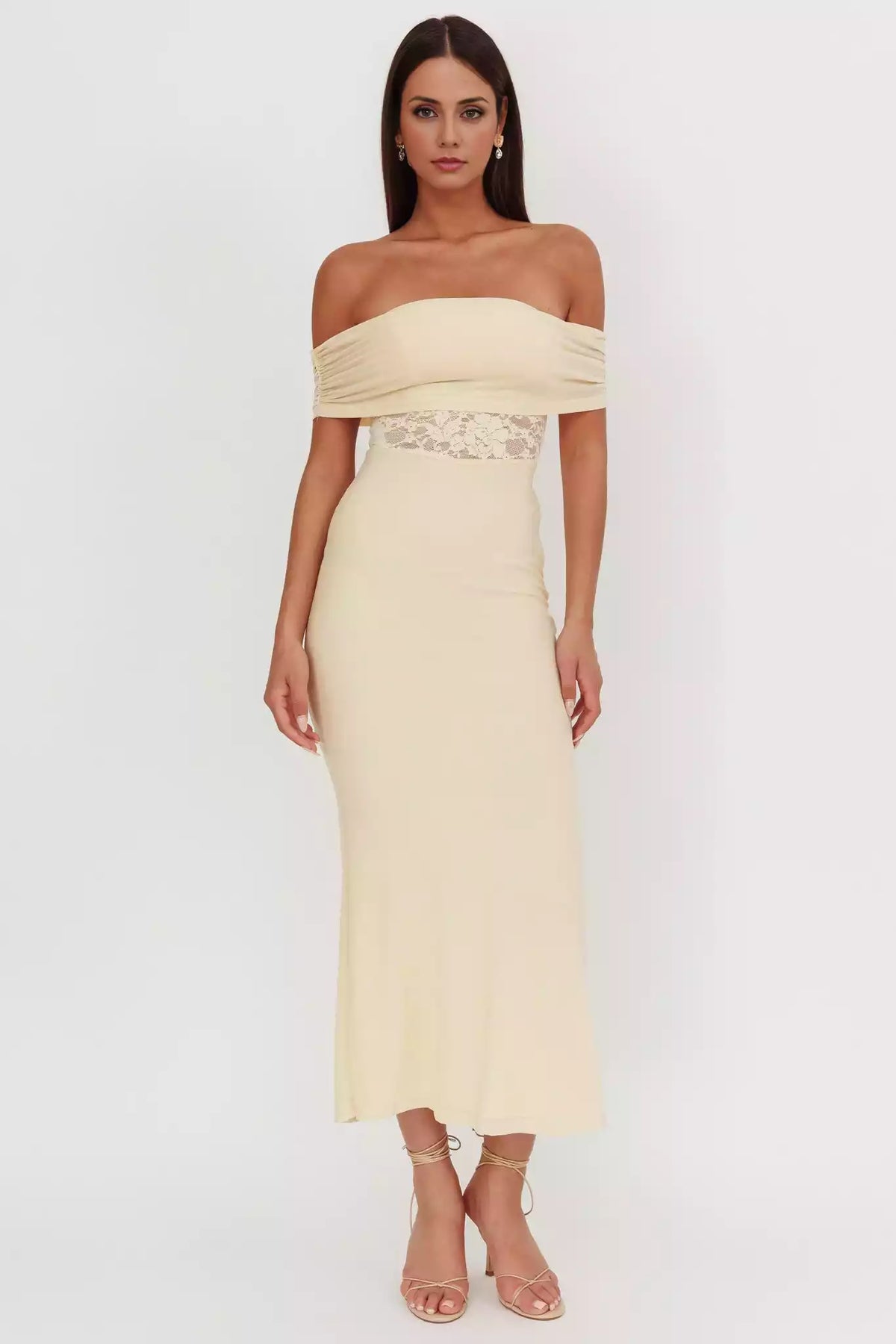 Stunning off shoulder design with lace waist and side zipper Prom Dresses