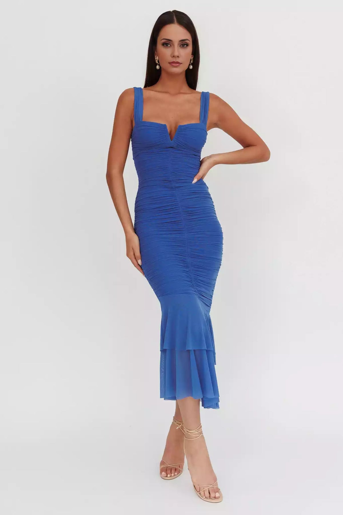 Stunning pleated fish tail design with mesh fabric back and zipper Prom Dresses