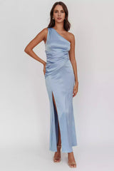 Stunning satin extra long asymmetrical collar, waist pleat details, side leg slits, invisible side zipper Prom Dresses