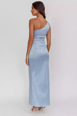 Stunning satin extra long asymmetrical neckline with pleated details, side leg slits, invisible side zipper Prom Dresses