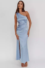 Stunning satin extra long asymmetrical neckline with pleated details, side leg slits, invisible side zipper Prom Dresses