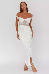 Stunning satin lace corset with lining, thigh splits, ruffled edges, back zipper Prom Dresses