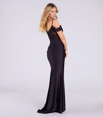 Stunning smooth knit off shoulder heart-shaped neckline with adjustable thin shoulder straps, transparent lace corset, high slit Prom Dresses