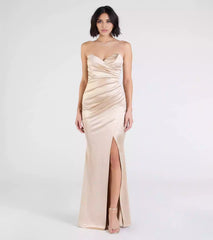 Stunning stretch satin strapless heart-shaped neckline back zipper high front slit mermaid Prom Dresses