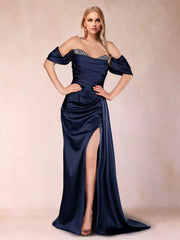 Stunning trumpet/mermaid style off shoulder pleated rhinestone Mother of the Bride Dresses