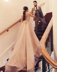 Tulle Appliques A Line Prom Dresses Open Back