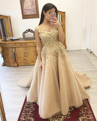 Tulle Appliques A Line Prom Dresses Open Back