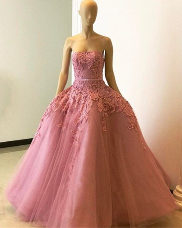 Stylish Lace Embroidery Strapless Tulle Ball Gown Prom Dress
