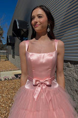 Stylish A Line Ruffle Pink Long Prom Dress with Bow, White Formal Graduation Evening Dress