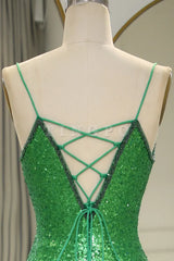 Wholesale Stylish Green Spaghetti Straps Lace Up Long Glitter Prom Dress with Split prom dress in store