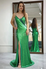 Wholesale Stylish Green Spaghetti Straps Lace Up Long Glitter Prom Dress with Split prom dress in store