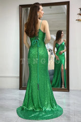Wholesale Stylish Green Spaghetti Straps Lace Up Long Glitter Prom Dress with Split prom dress in store