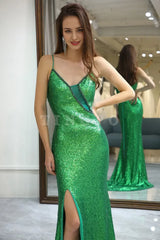 Wholesale Stylish Green Spaghetti Straps Lace Up Long Glitter Prom Dress with Split prom dress in store