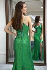 Wholesale Stylish Green Spaghetti Straps Lace Up Long Glitter Prom Dress with Split prom dress in store