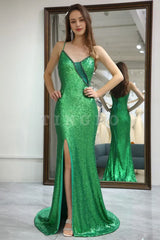 Wholesale Stylish Green Spaghetti Straps Lace Up Long Glitter Prom Dress with Split prom dress in store