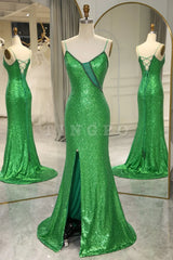 Wholesale Stylish Green Spaghetti Straps Lace Up Long Glitter Prom Dress with Split prom dress in store