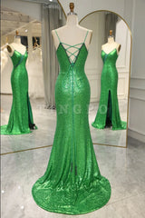 Wholesale Stylish Green Spaghetti Straps Lace Up Long Glitter Prom Dress with Split prom dress in store