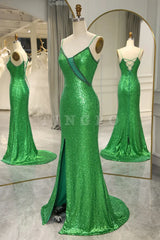 Wholesale Stylish Green Spaghetti Straps Lace Up Long Glitter Prom Dress with Split prom dress in store
