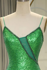 Wholesale Stylish Green Spaghetti Straps Lace Up Long Glitter Prom Dress with Split prom dress in store