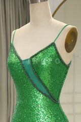 Wholesale Stylish Green Spaghetti Straps Lace Up Long Glitter Prom Dress with Split prom dress in store