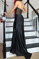 Stylish Mermaid Strapless Black Corset Prom Dress with Split  TP1291