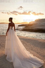 Strapless Aline Bridal Dress Lace Appliques Beach Wedding Dress with Front Split